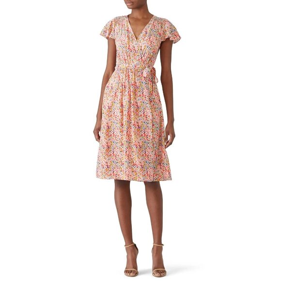 Rebecca Taylor Margo Pink Floral Print Short Sleeve Wrap Dress Women's Size 4 - Picture 2 of 11